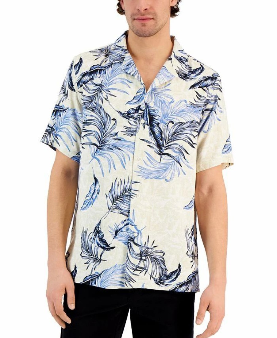 Casual Button-Down Shirts * | Club Room Men'S Tropical Leaves Shirt, Created For Macy'S Bright White