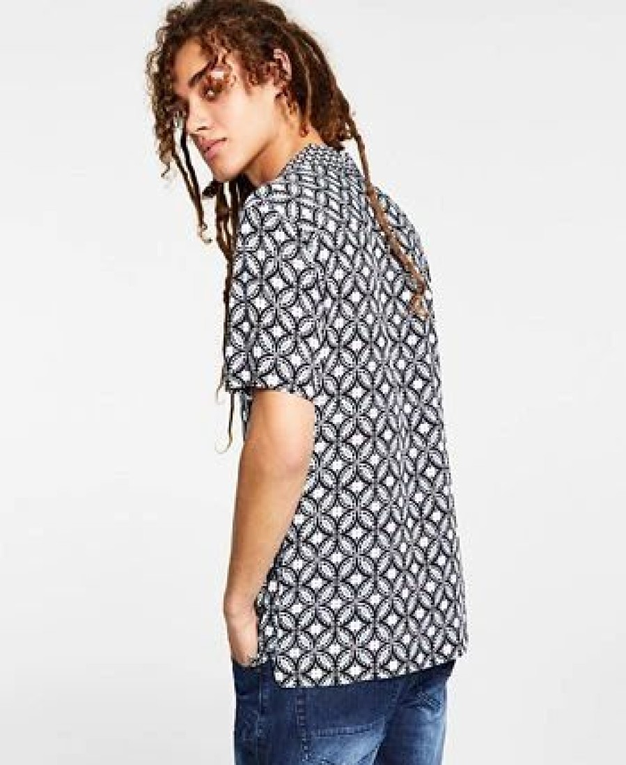 Casual Button-Down Shirts * | Inc International Concepts .N.C. International Concepts Men'S Regular-Fit Geo-Print Camp Shirt, Created For Macy'S Deep Black