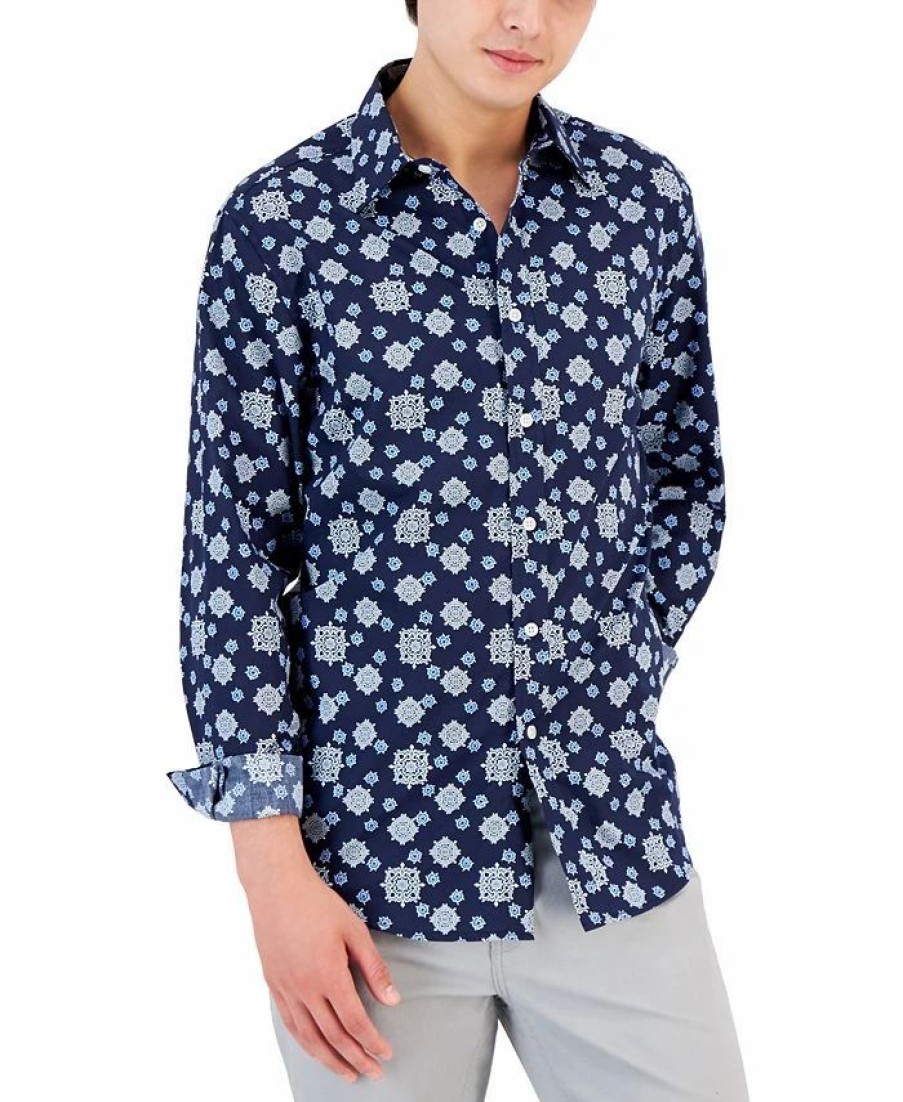 Casual Button-Down Shirts * | Club Room Men'S Geometric Medallion Shirt, Created For Macy'S Navy Blue Combo