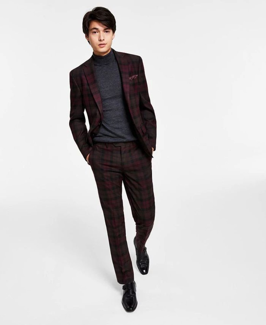 Suits & Tuxedos * | Bar Iii Men'S Slim-Fit Suit Separates, Created For Macy'S Burgundy Plaid