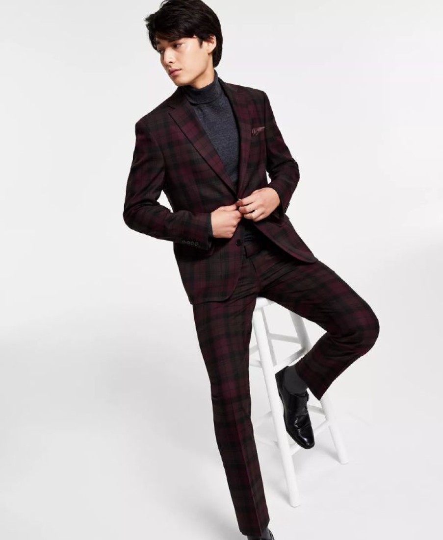 Suits & Tuxedos * | Bar Iii Men'S Slim-Fit Suit Separates, Created For Macy'S Burgundy Plaid