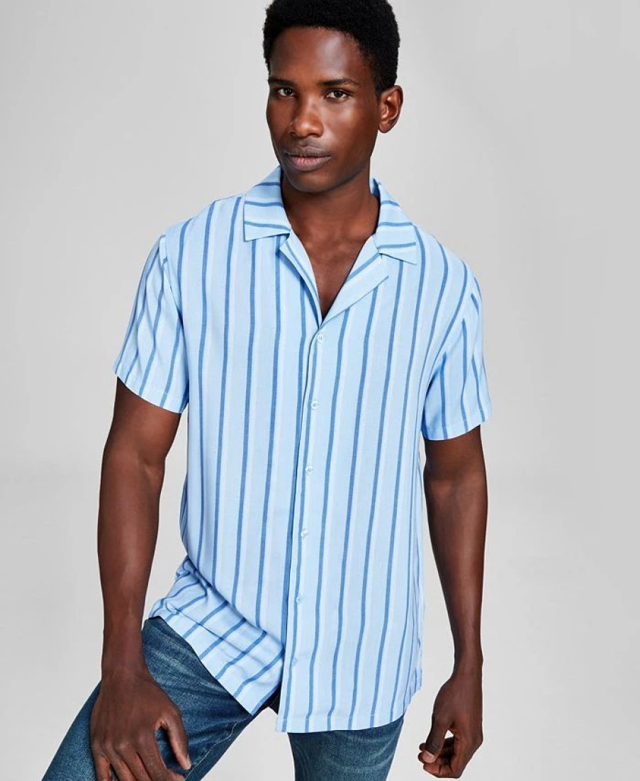 Casual Button-Down Shirts * | And Now This Men'S Striped Woven Short Sleeve Camp Shirt, Created For Macy'S