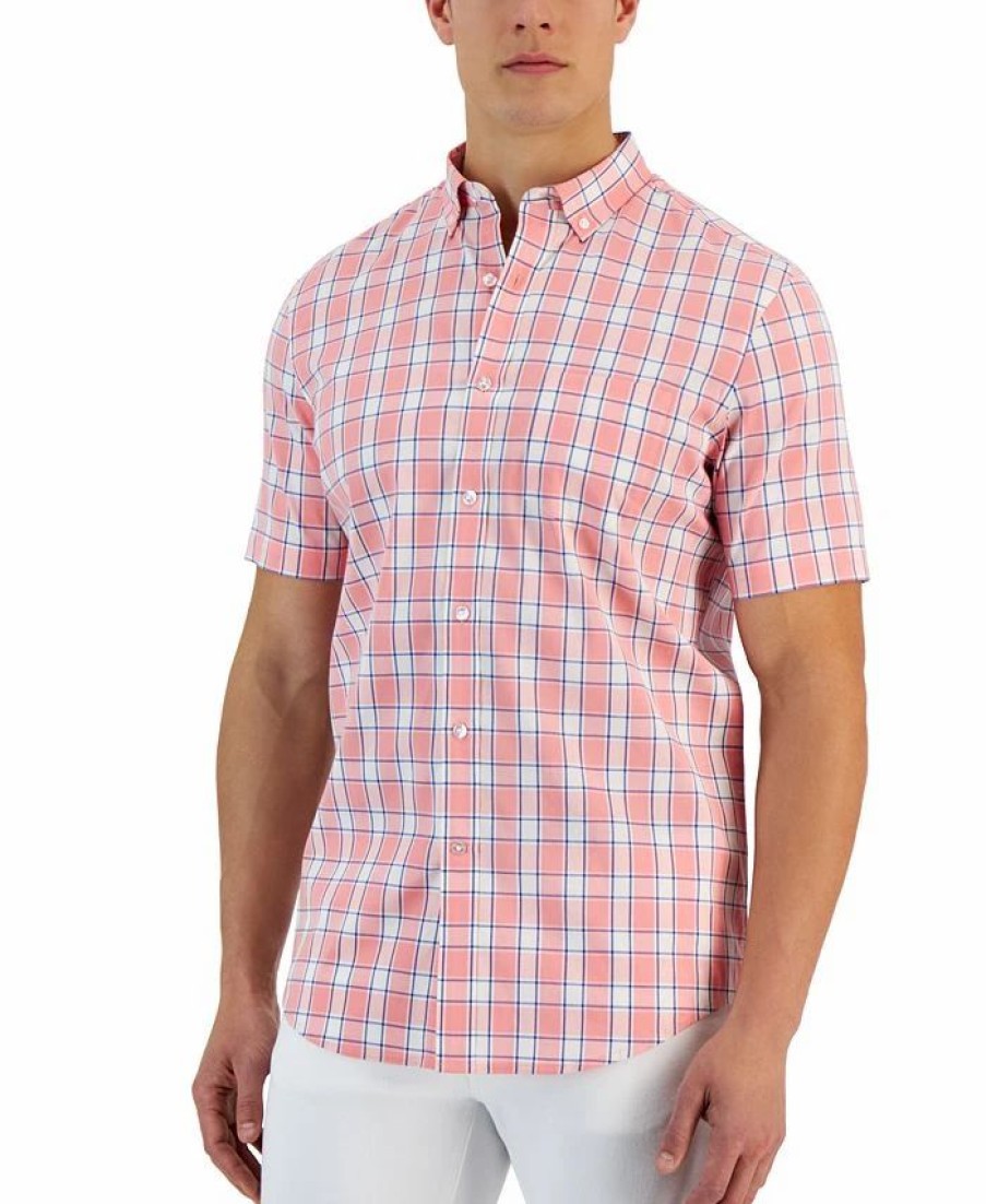 Casual Button-Down Shirts * | Club Room Verde Short Sleeve Button-Down Plaid Pattern Shirt, Created For Macy'S Coral Lining