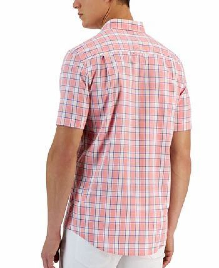 Casual Button-Down Shirts * | Club Room Verde Short Sleeve Button-Down Plaid Pattern Shirt, Created For Macy'S Coral Lining