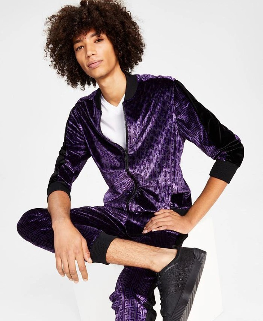 Casual Button-Down Shirts * | Inc International Concepts Men'S Gemini Classic-Fit Geometric Full-Zip Velour Tracksuit Jacket, Created For Macy'S Deep Purple