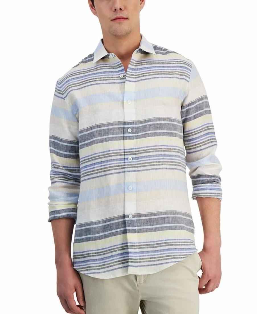 Casual Button-Down Shirts * | Club Room Men'S Trevor Stripe Linen Shirt, Created For Macy'S Navy Blue Combo