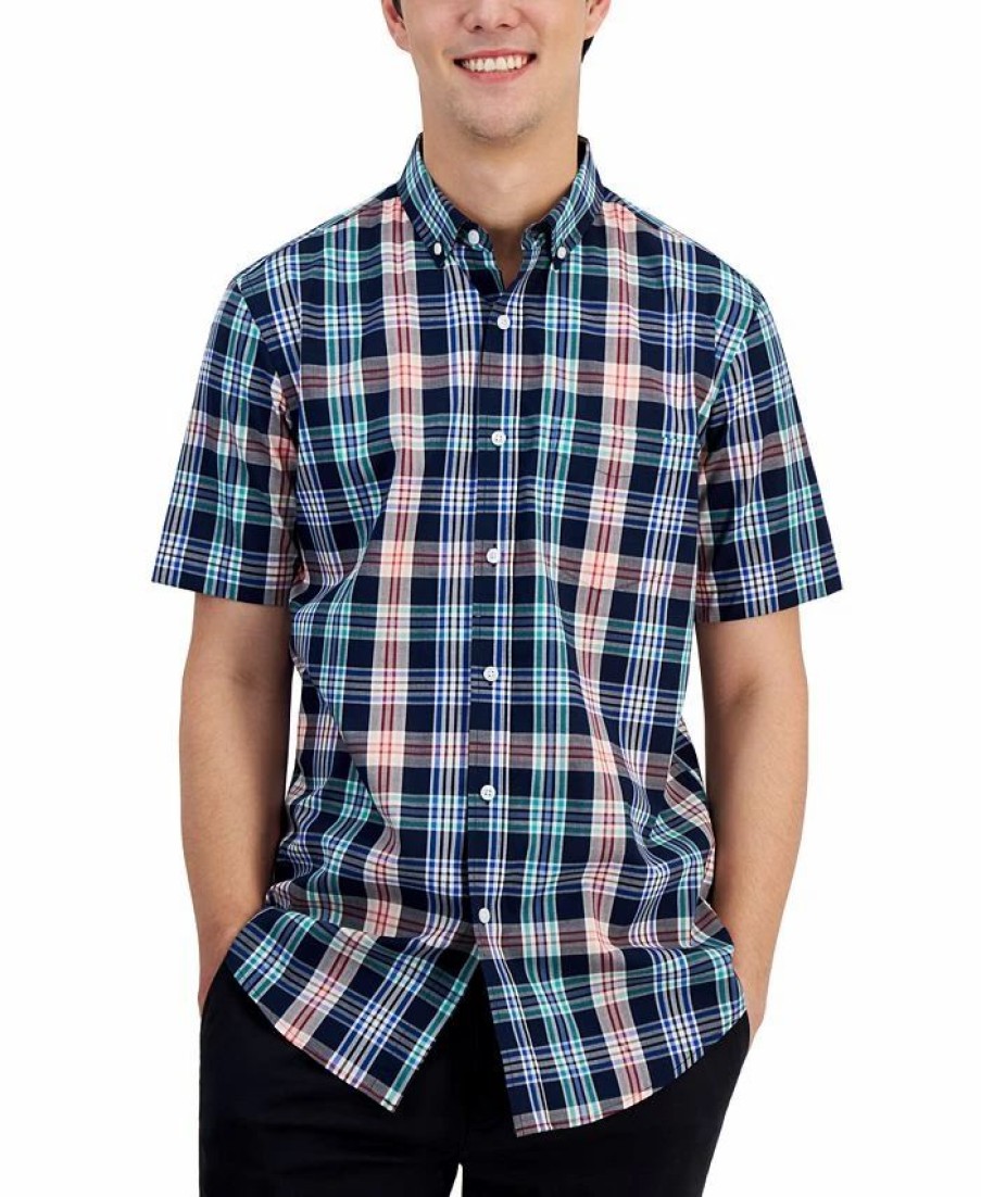 Casual Button-Down Shirts * | Club Room Men'S Nomad Classic-Fit Plaid Button-Down Poplin Shirt, Created For Macy'S Navy Blue Combo