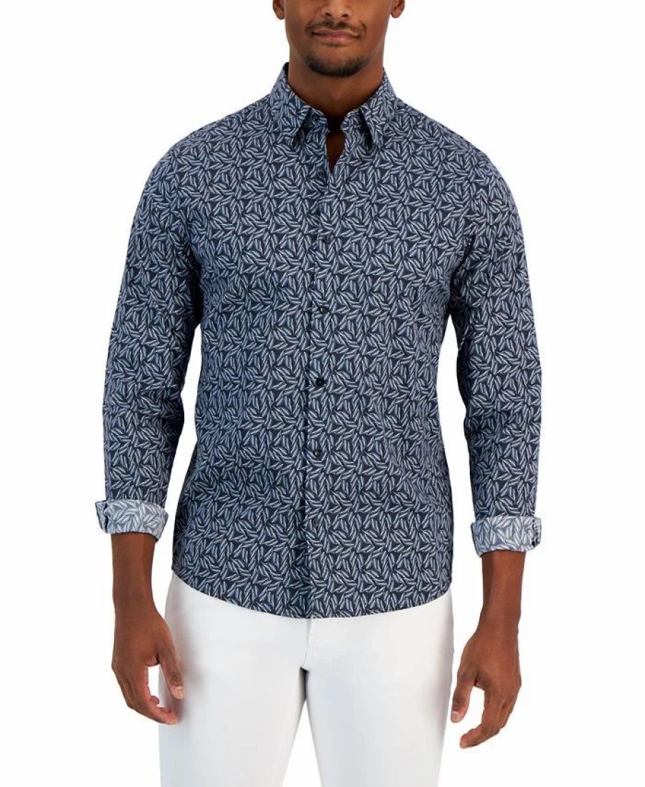 Casual Button-Down Shirts * | Michael Kors N'S Slim-Fit Stretch Leaf Sketch Print Long-Sleeve Button-Up Shirt Midnight