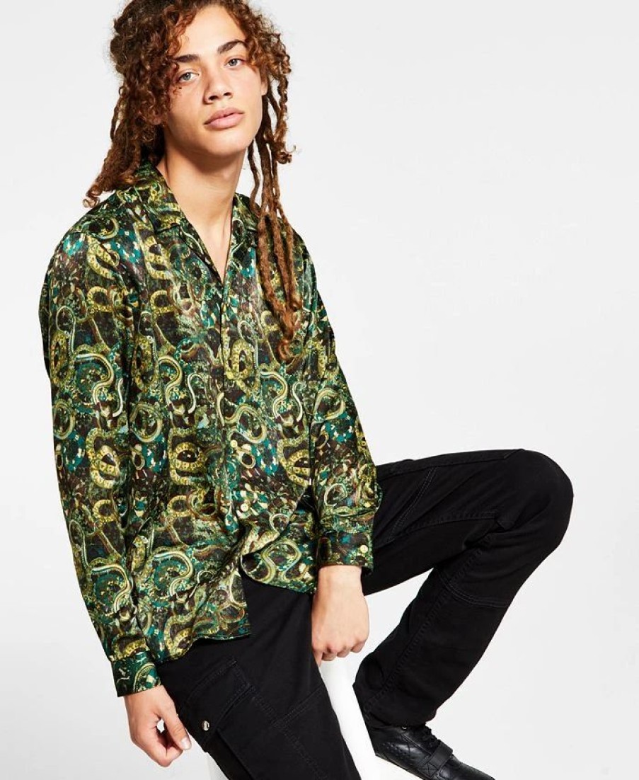 Casual Button-Down Shirts * | Inc International Concepts .N.C. International Concepts Men'S Regular-Fit Snake-Print Camp Shirt, Created For Macy'S Green Leaf