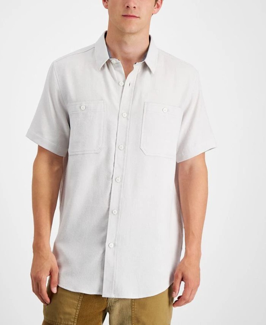 Casual Button-Down Shirts * | Sun + Stone Men'S Regular-Fit Short Sleeve Flannel Shirt, Created For Macy'S Vintage White