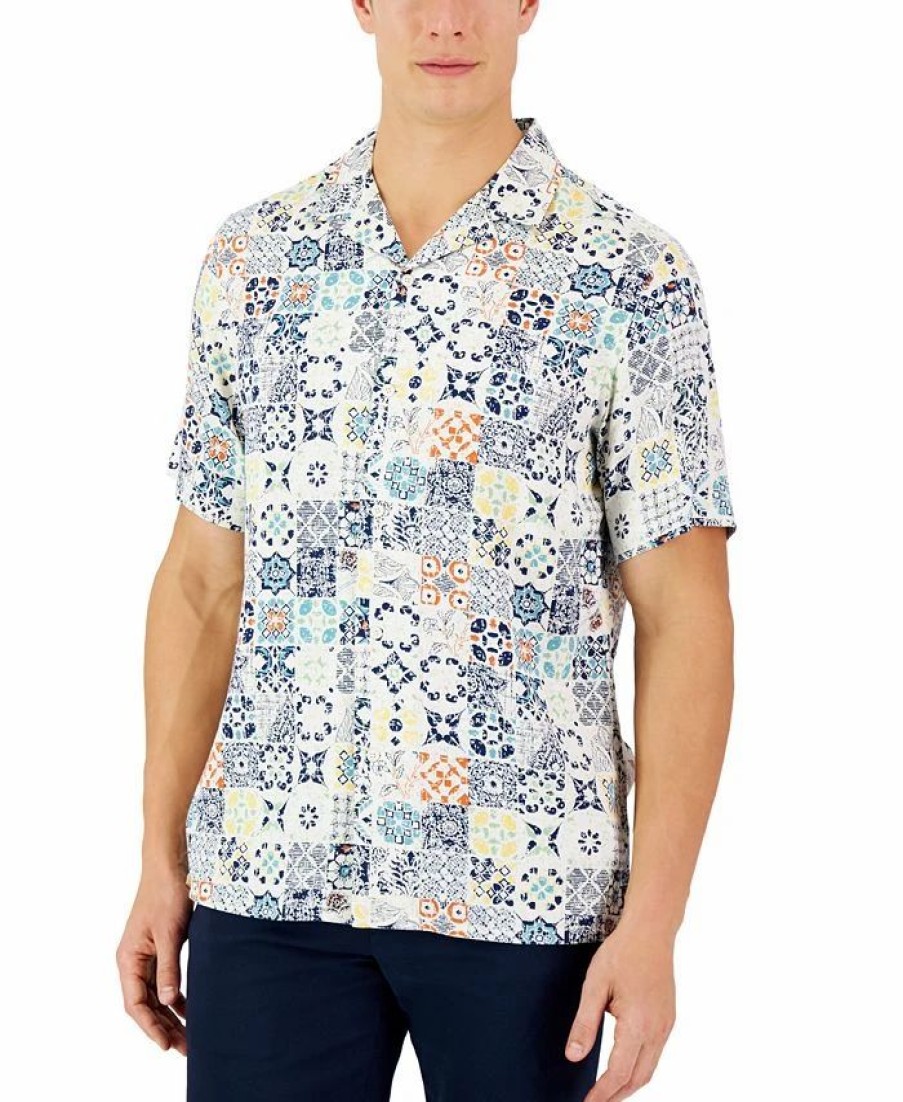 Casual Button-Down Shirts * | Club Room Men'S Rumbie Mixed Medallion Silk Shirt, Created For Macy'S Bright White