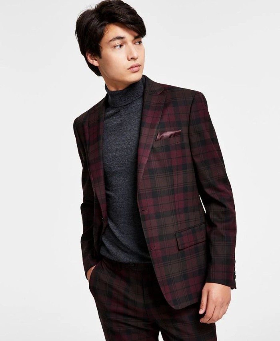 Suits & Tuxedos * | Bar Iii Men'S Slim-Fit Suit Separate Jacket, Created For Macy'S Burgundy Plaid