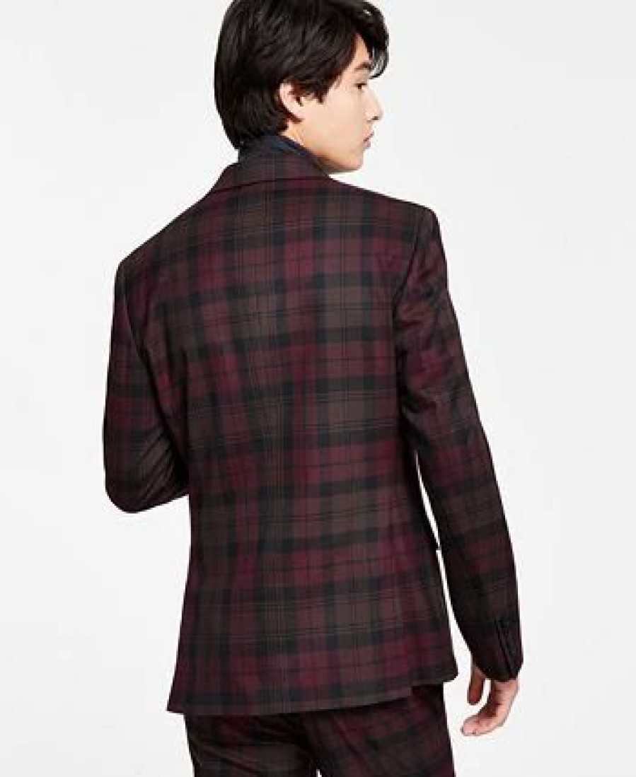 Suits & Tuxedos * | Bar Iii Men'S Slim-Fit Suit Separate Jacket, Created For Macy'S Burgundy Plaid