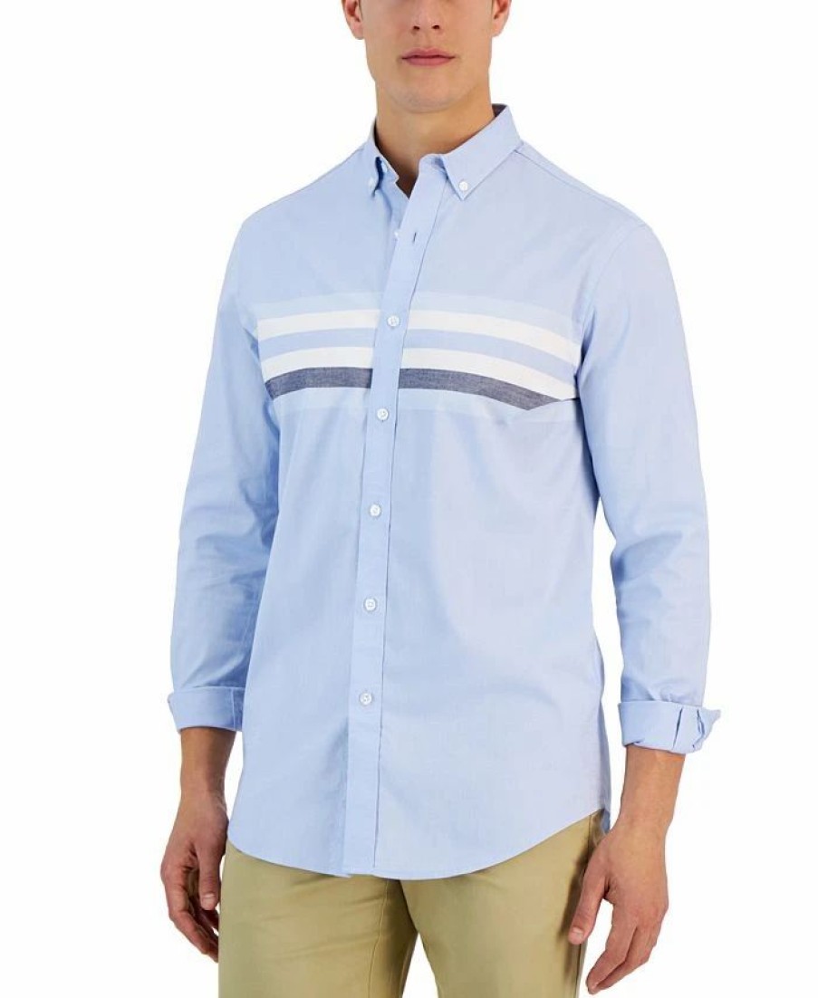 Casual Button-Down Shirts * | Club Room Horizon Long Sleeve Chest Stripe Oxford Shirt, Created For Macy'S Lupine Blue