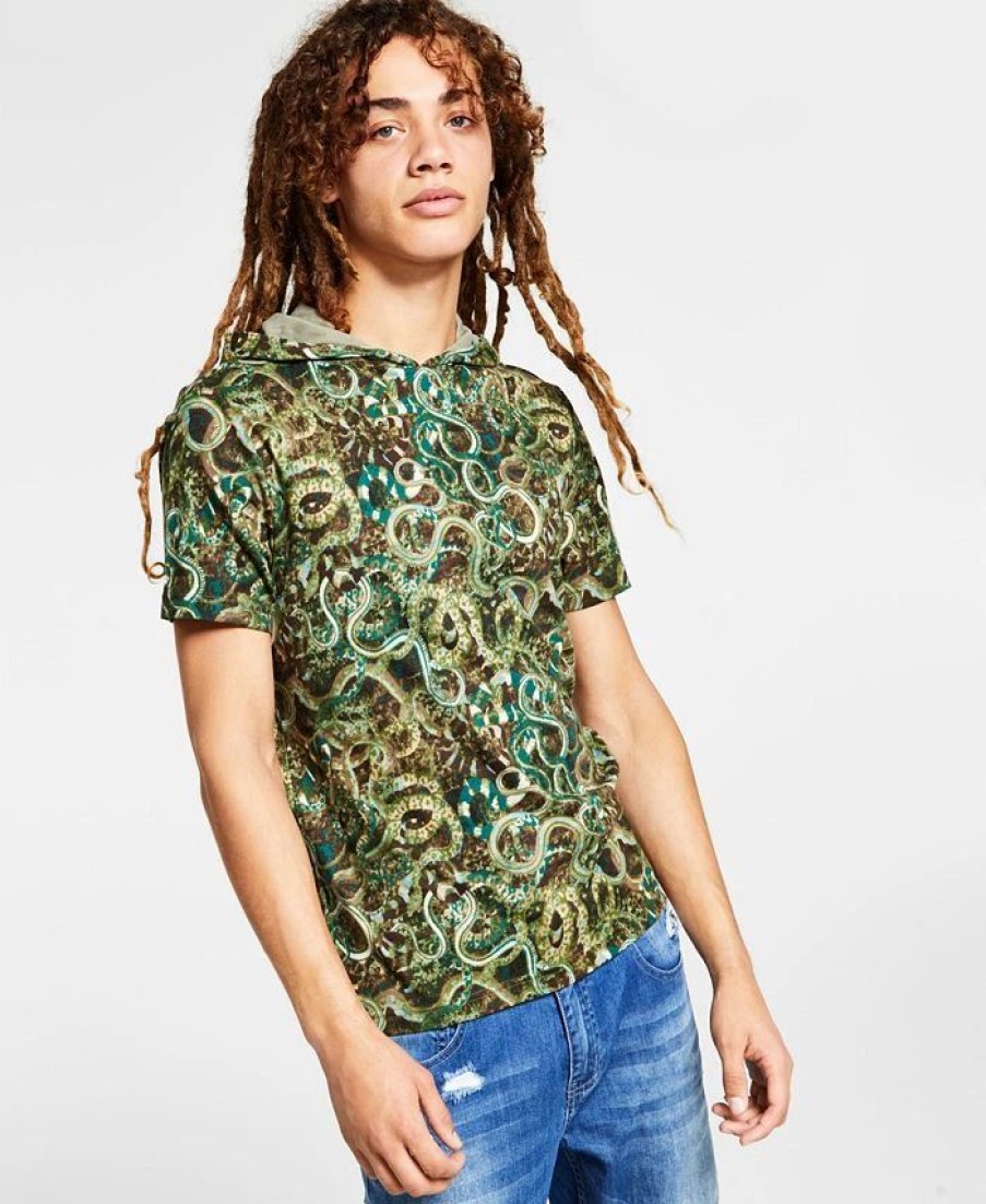 Casual Button-Down Shirts * | Inc International Concepts .N.C. International Concepts Men'S Snake Graphic Hooded T-Shirt, Created For Macy'S Green Tea