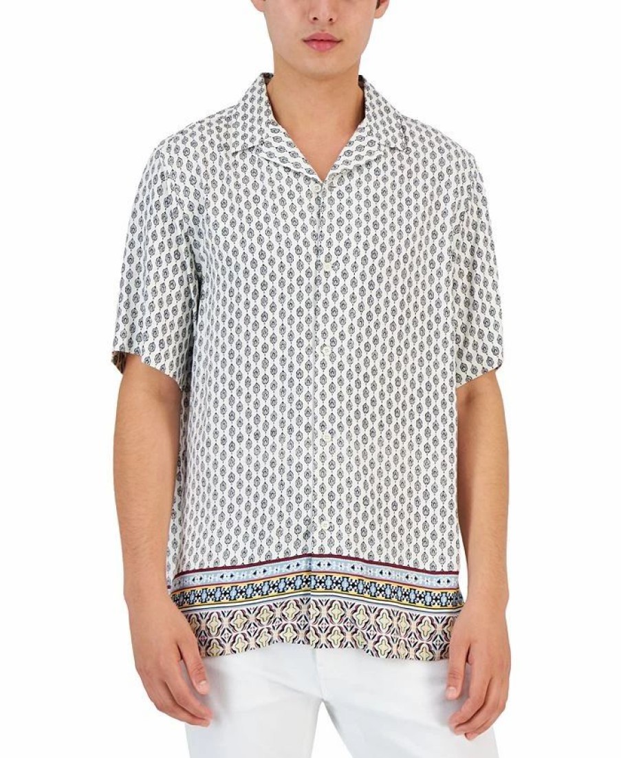 Casual Button-Down Shirts * | Club Room Men'S Carlo Geometric-Print Shirt, Created For Macy'S Bright White