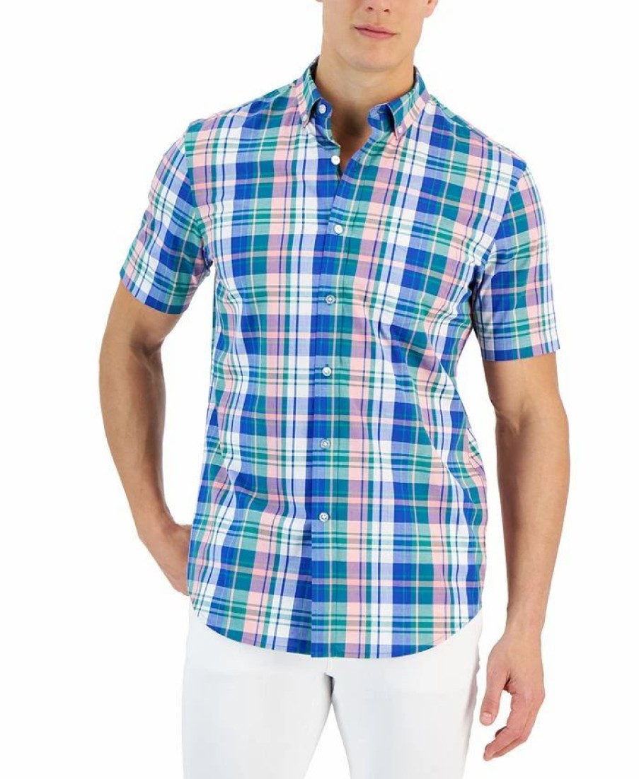 Casual Button-Down Shirts * | Club Room Rown Classic-Fit Plaid Button-Down Poplin Shirt, Created For Macy'S Hyper Blue