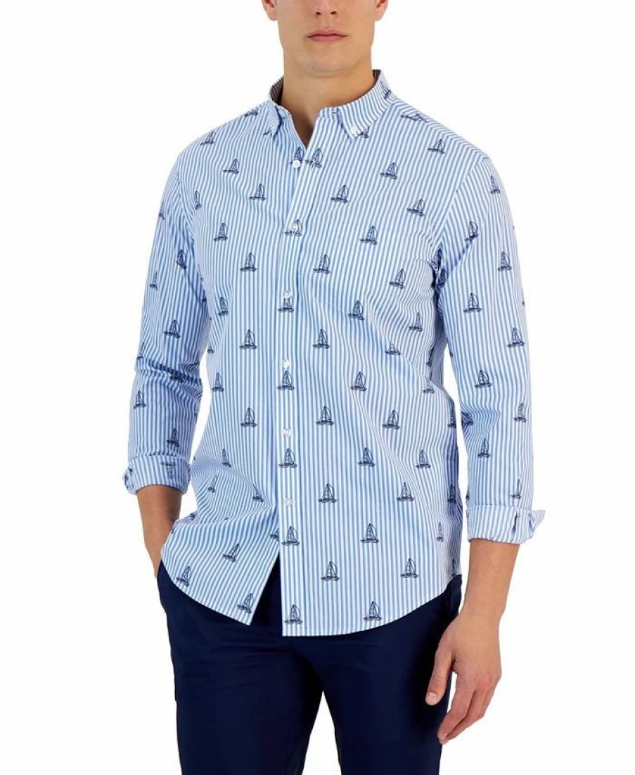 Casual Button-Down Shirts * | Club Room Men'S James Classic-Fit Stripe Sailboat-Print Button-Down Poplin Shirt, Created For Macy'S Bright White