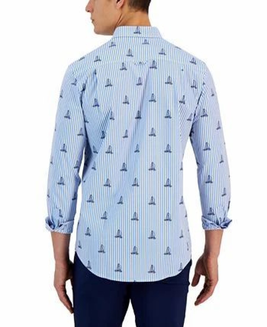 Casual Button-Down Shirts * | Club Room Men'S James Classic-Fit Stripe Sailboat-Print Button-Down Poplin Shirt, Created For Macy'S Bright White