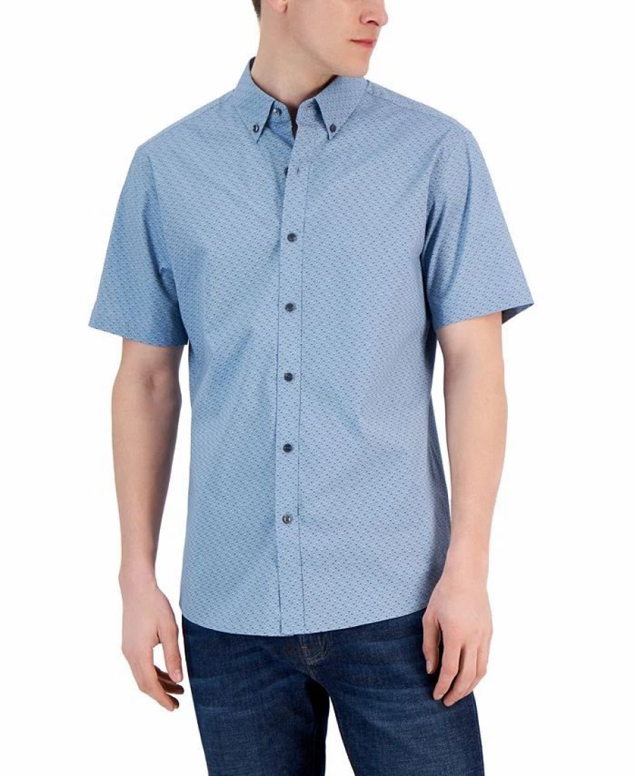 Casual Button-Down Shirts * | Michael Kors N'S Slim-Fit Stretch Double Diamond Print Short-Sleeve Button-Up Shirt Chambray