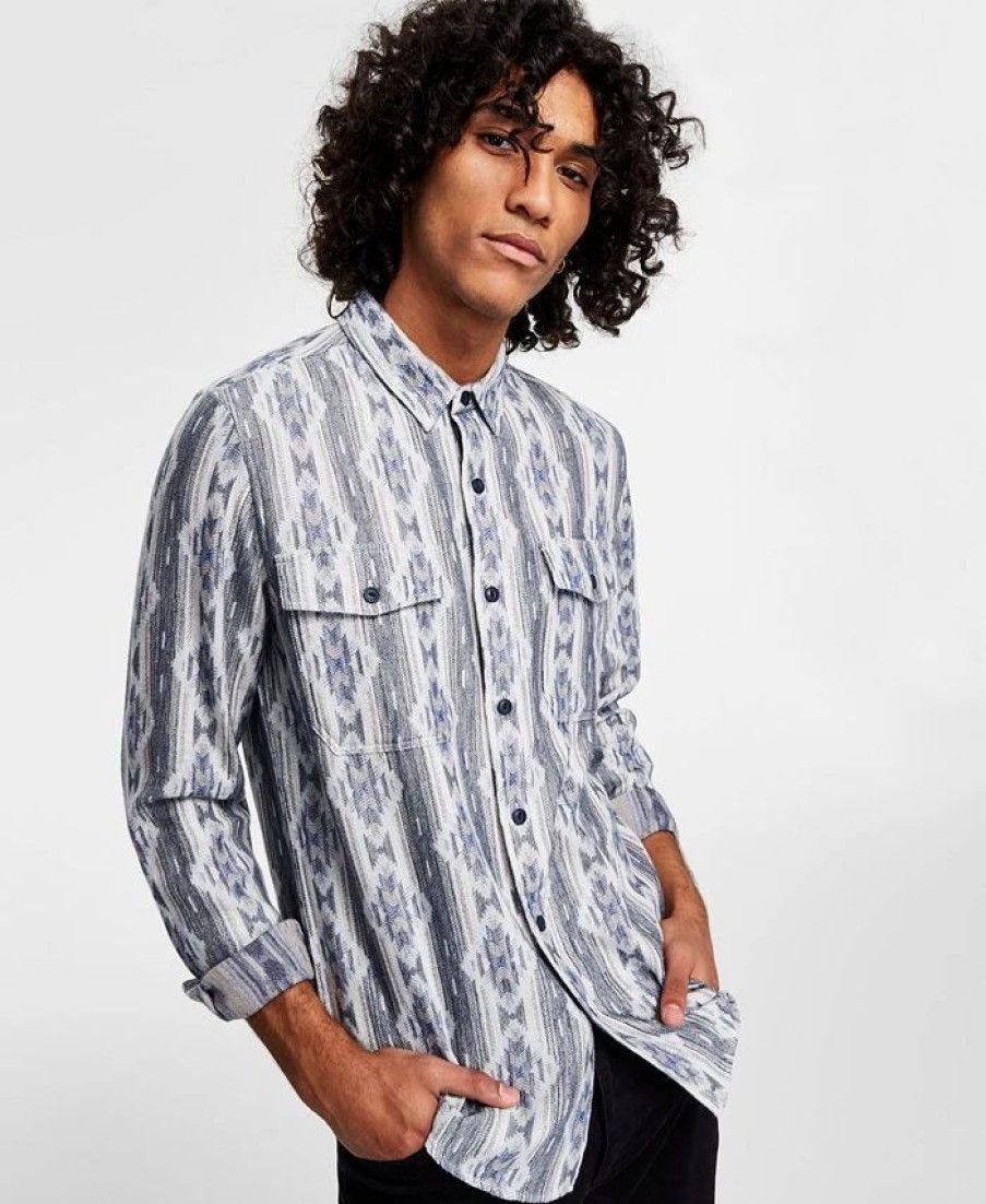 Casual Button-Down Shirts * | Sun + Stone Men'S Shaker Regular-Fit Geo Jacquard Flannel Shirt, Created For Macy'S Basic Navy