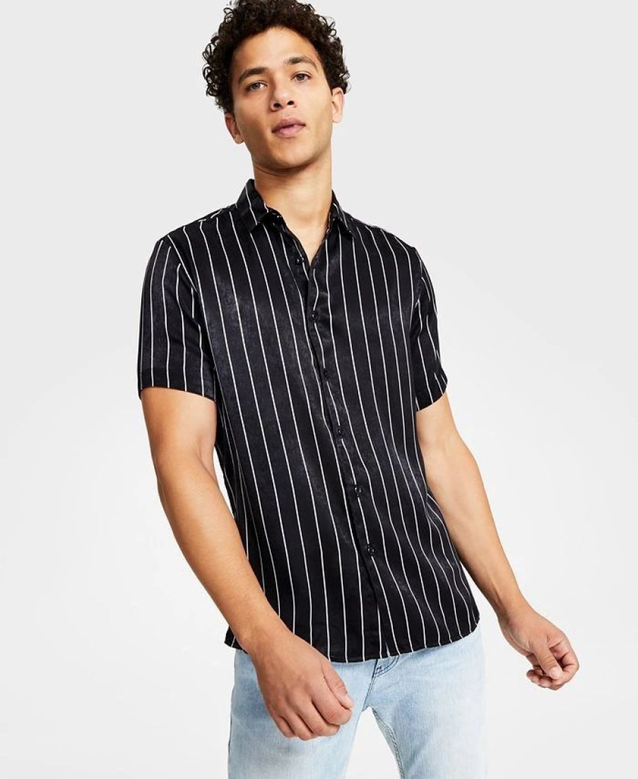 Casual Button-Down Shirts * | Inc International Concepts Men'S Cicero Short-Sleeve Vertical Striped Shirt, Created For Macy'S Deep Black