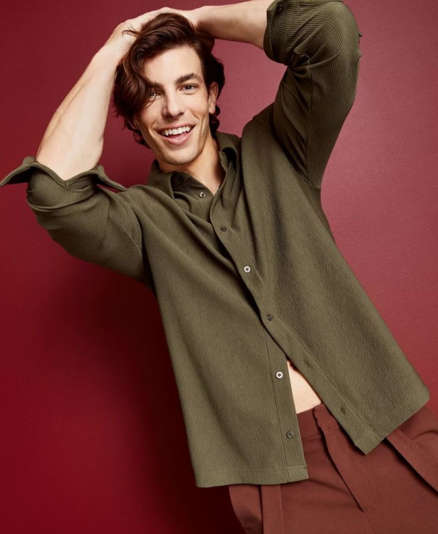 Casual Button-Down Shirts * | Royalty By Maluma En'S Relaxed-Fit Textured Plisse Knit Shirt, Created For Macy'S Olive