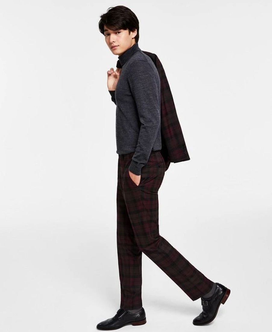 Suits & Tuxedos * | Bar Iii Men'S Slim-Fit Suit Separate Pants, Created For Macy'S Burgundy Plaid