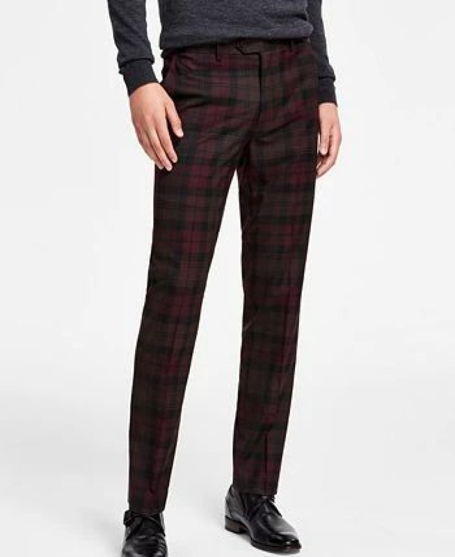 Suits & Tuxedos * | Bar Iii Men'S Slim-Fit Suit Separate Pants, Created For Macy'S Burgundy Plaid