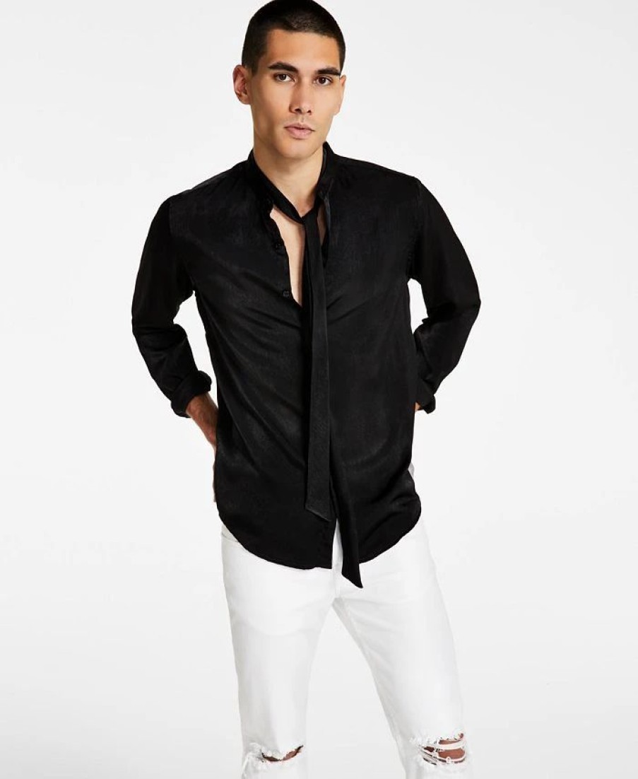 Casual Button-Down Shirts * | Inc International Concepts -Fit Satin Bow Button-Down Shirt, Created For Macy'S Deep Black