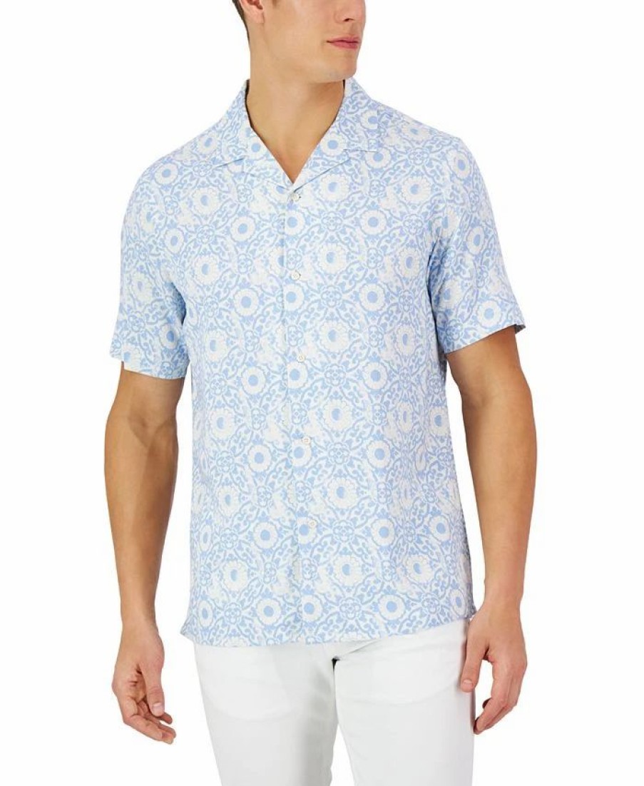 Casual Button-Down Shirts * | Club Room Men'S Short-Sleeve Tile Shibori Silk Shirt, Created For Macy'S Bright White