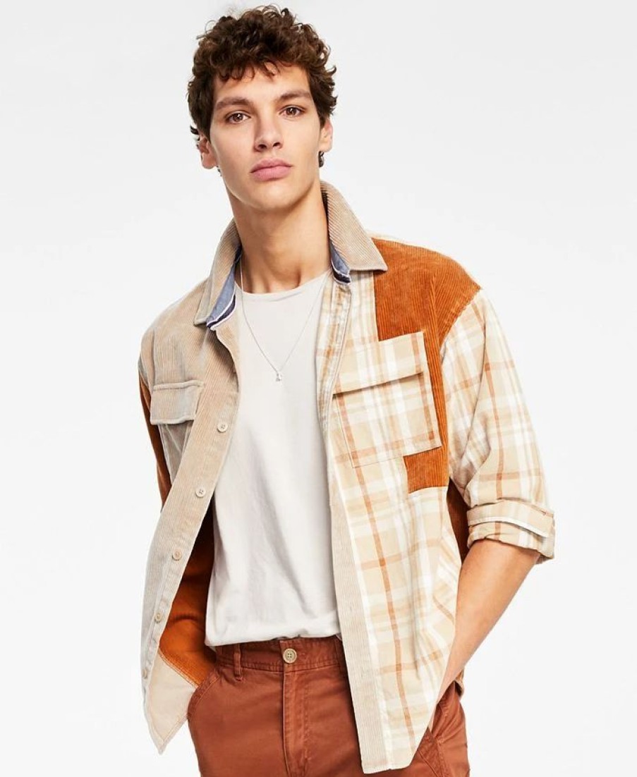 Casual Button-Down Shirts * | Sun + Stone Men'S Bishop Patchwork Shirt, Created For Macy'S Beige