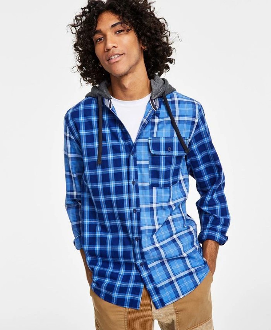 Casual Button-Down Shirts * | Sun + Stone Men'S Snyder Regular-Fit Patchwork Plaid Hooded Shirt, Created For Macy'S Blue Combo