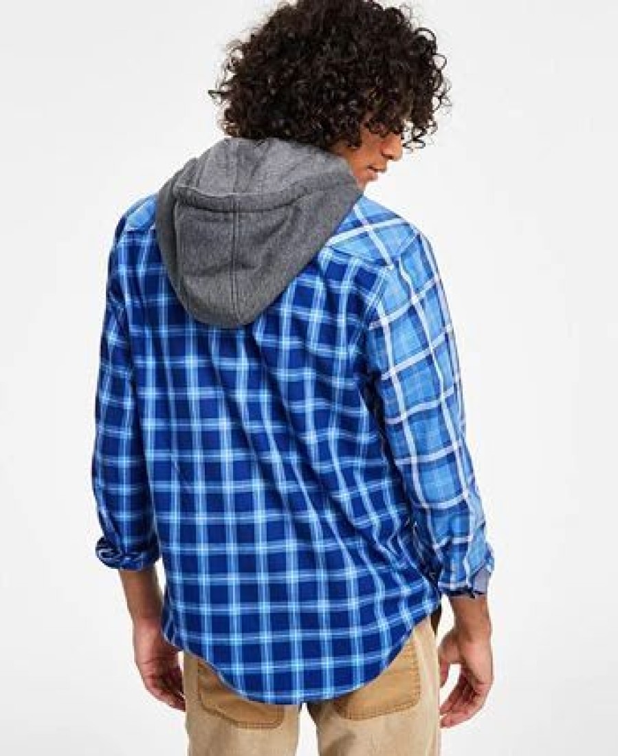 Casual Button-Down Shirts * | Sun + Stone Men'S Snyder Regular-Fit Patchwork Plaid Hooded Shirt, Created For Macy'S Blue Combo