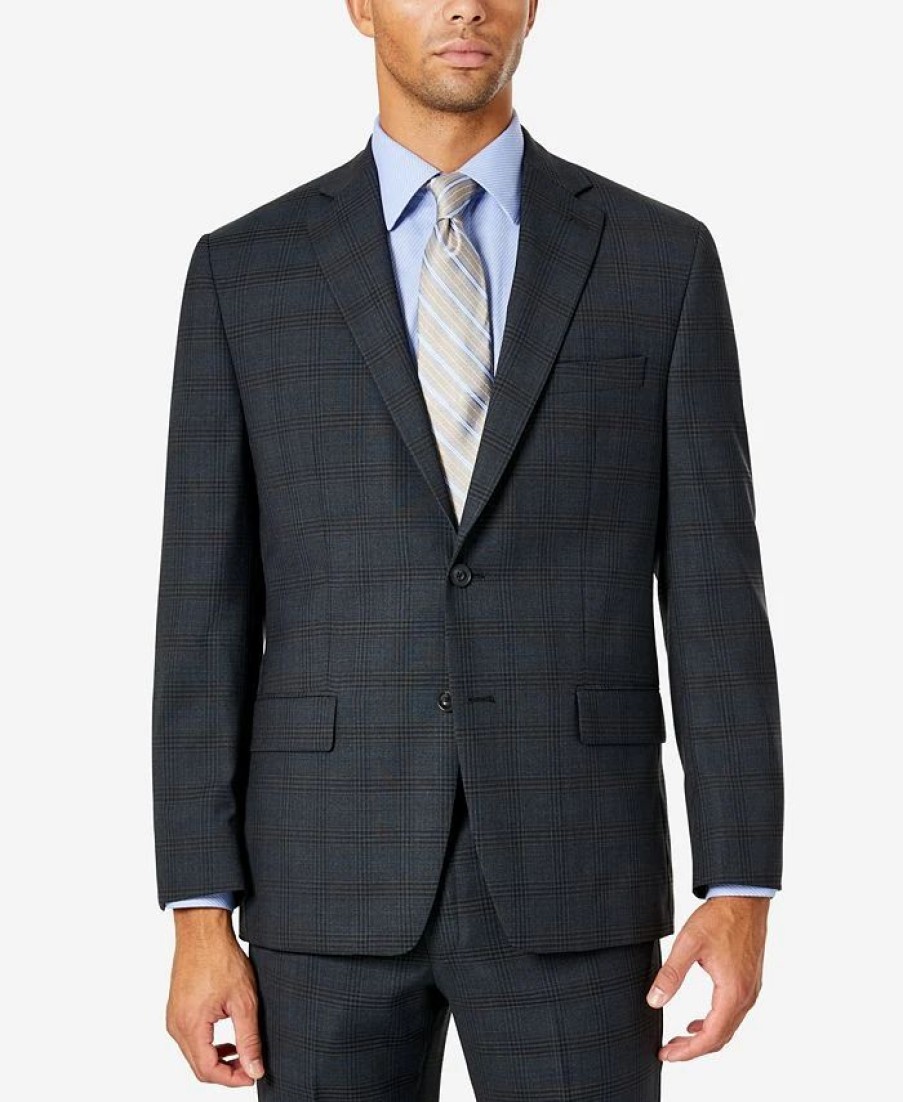 Suits & Tuxedos * | Michael Kors N'S Modern-Fit Airsoft Stretch Wool Suit Jacket Blue Plaid