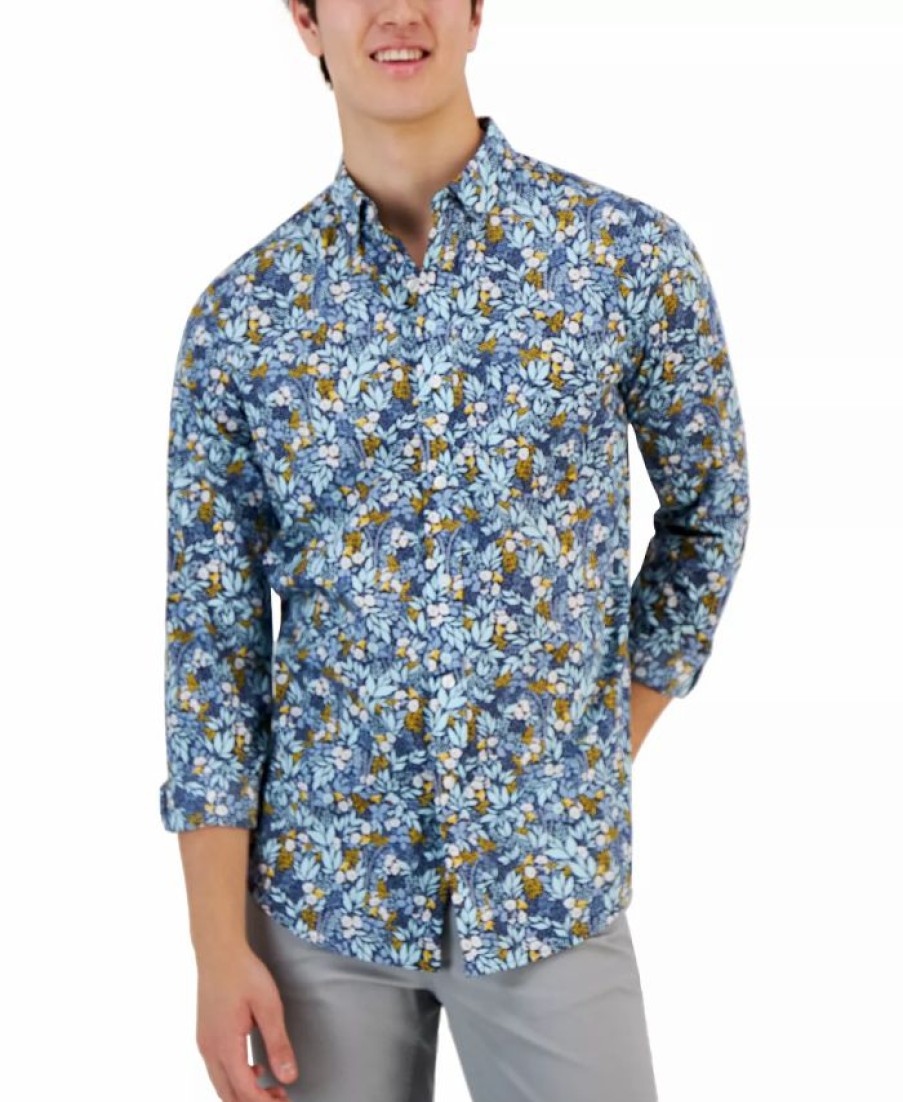 Casual Button-Down Shirts * | Club Room Men'S Sasha Field Floral Print Woven Long-Sleeve Shirt, Created For Macy'S Navy Blue Combo