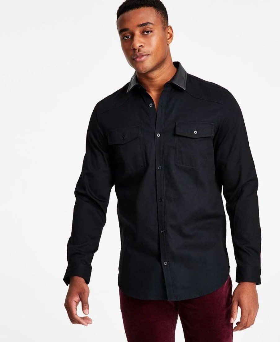 Casual Button-Down Shirts * | Inc International Concepts Men'S Classic-Fit Solid Button-Down Shirt With Faux-Leather Collar, Created For Macy'S Deep Black