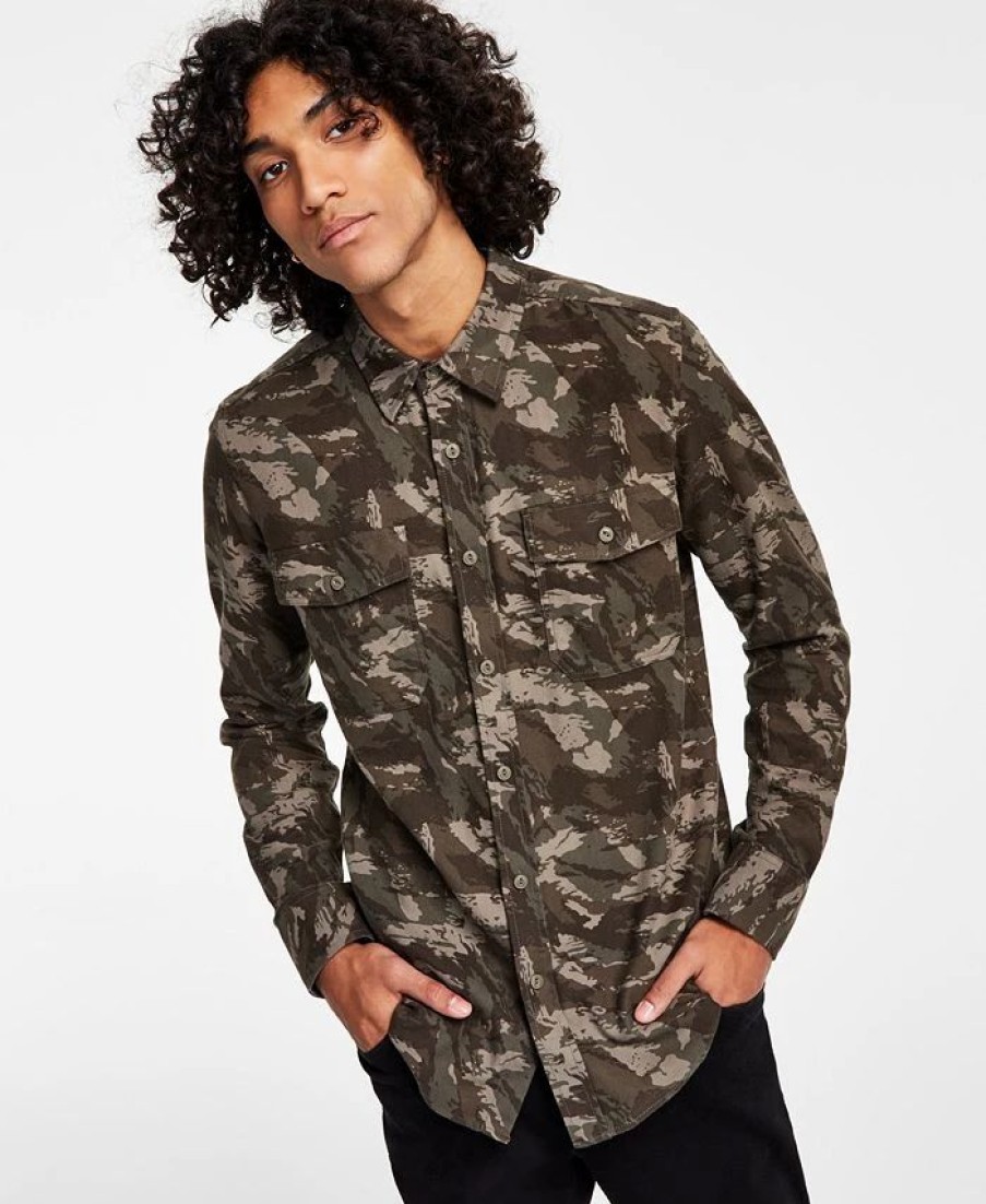 Casual Button-Down Shirts * | Sun + Stone Men'S Leo Regular-Fit Camouflage Flannel Shirt, Created For Macy'S Weathered Brown