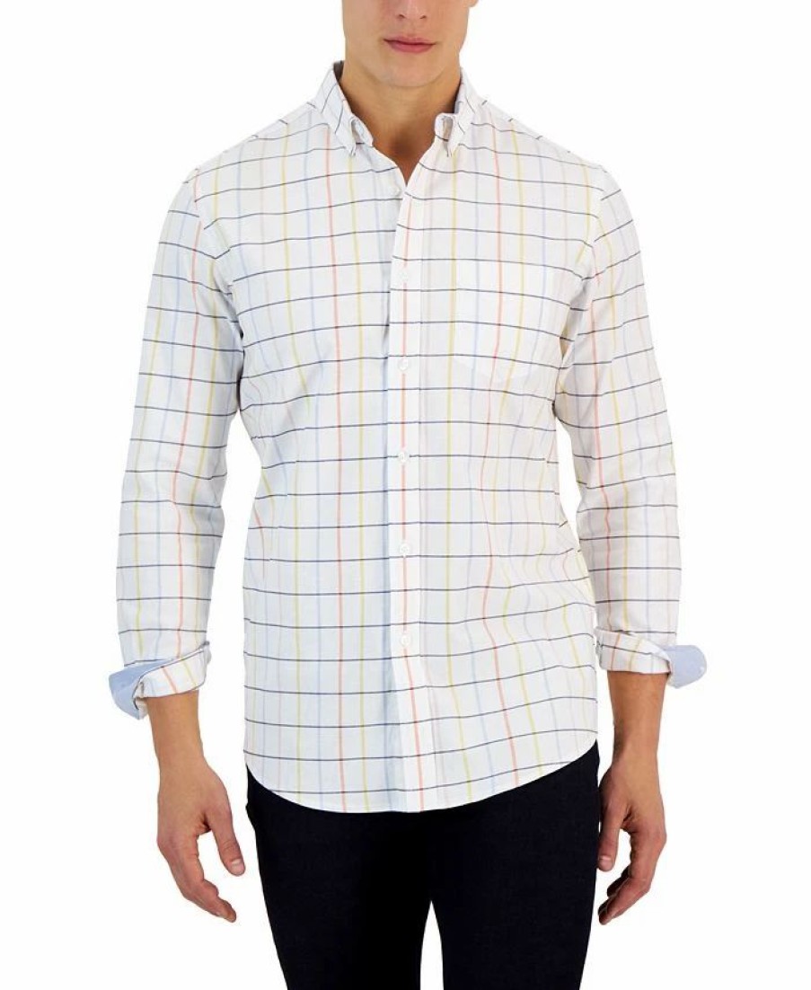 Casual Button-Down Shirts * | Club Room Timon Long Sleeve Multicolor Windowpane Oxford Shirt, Created For Macy'S Bright White