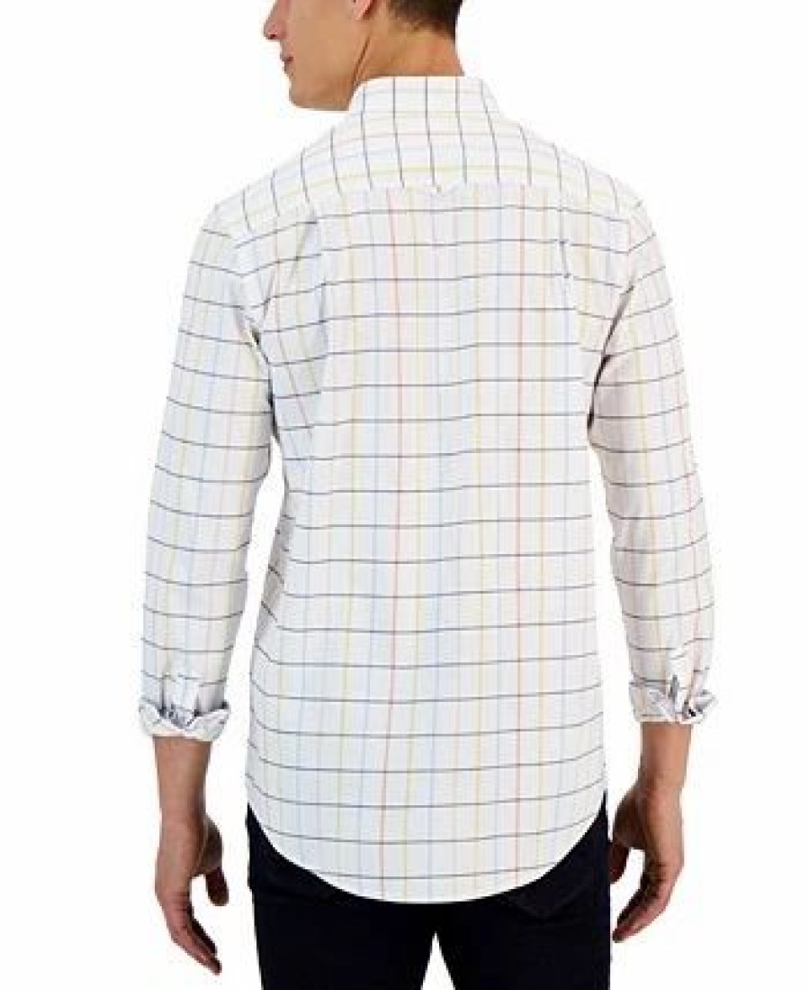 Casual Button-Down Shirts * | Club Room Timon Long Sleeve Multicolor Windowpane Oxford Shirt, Created For Macy'S Bright White