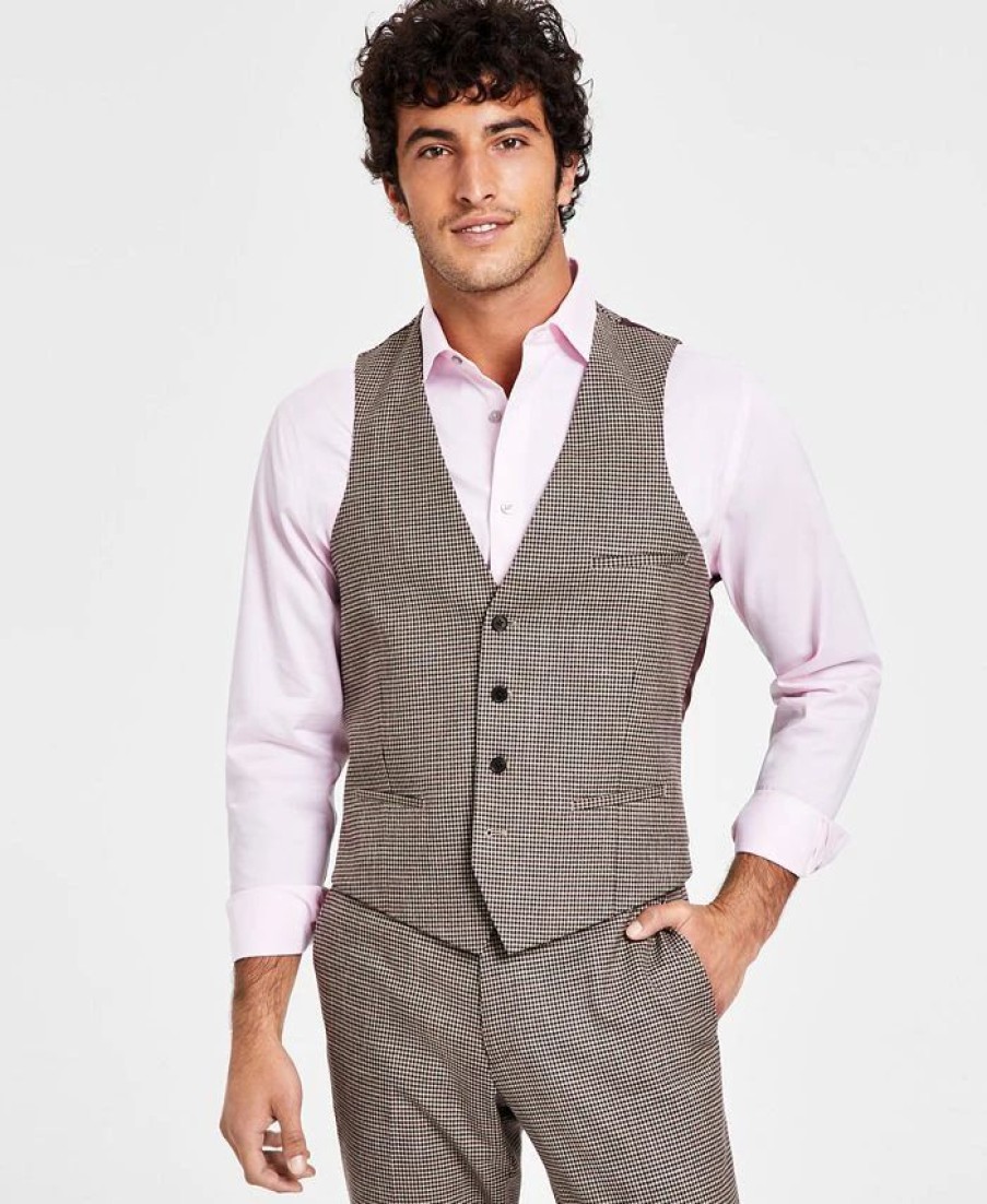 Suits & Tuxedos * | Bar Iii Men'S Slim-Fit Check Suit Separate Vest, Created For Macys Burgundy/Black Check