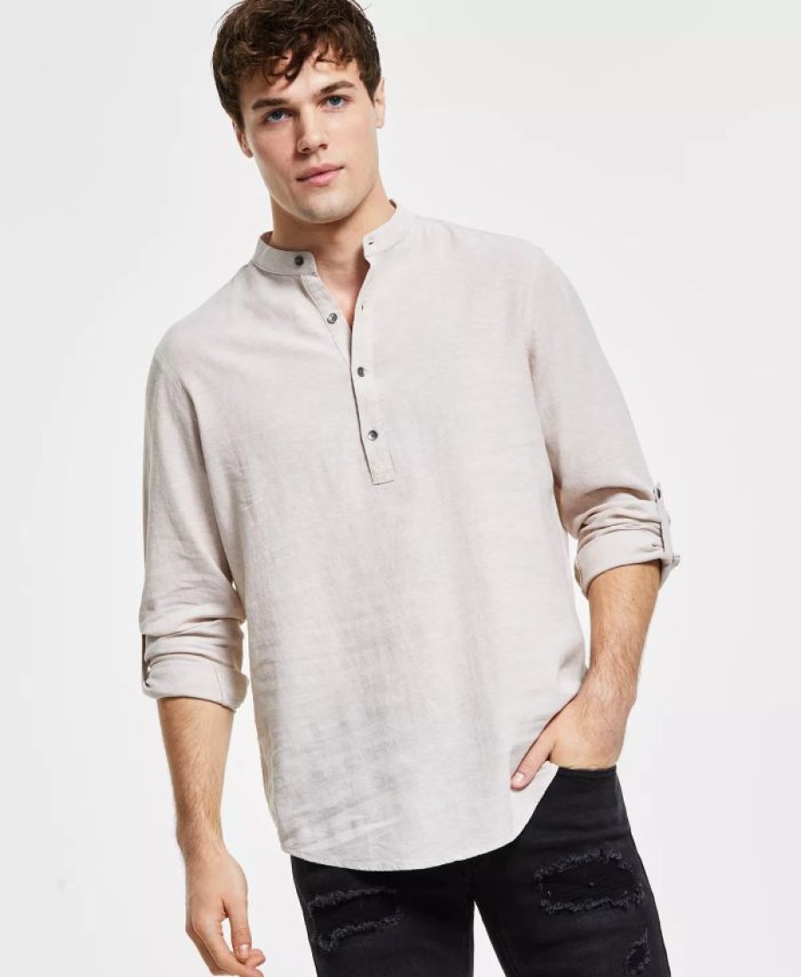 Casual Button-Down Shirts * | Inc International Concepts Men'S Regular-Fit Linen Popover Shirt, Created For Macy'S Sand Linen