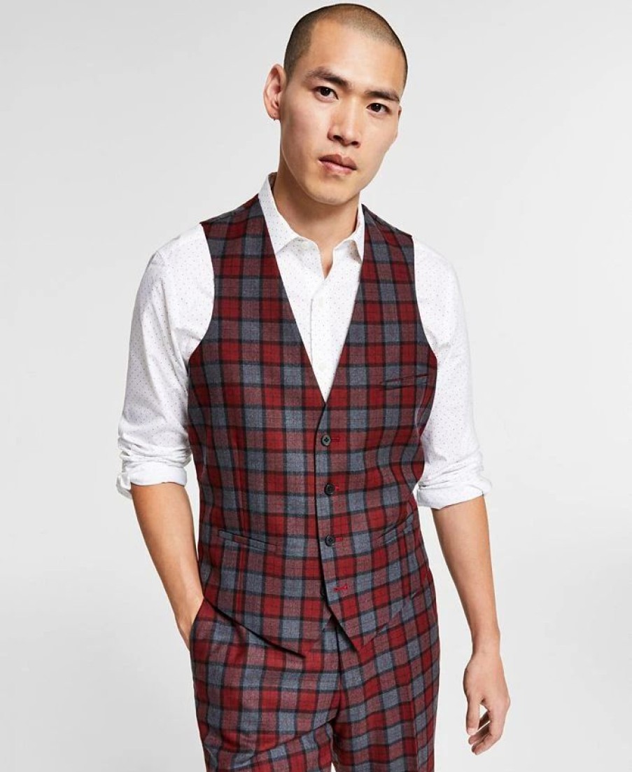 Suits & Tuxedos * | Bar Iii Men'S Slim-Fit Red/Gray Plaid Suit Vest, Created For Macy'S Red Grey