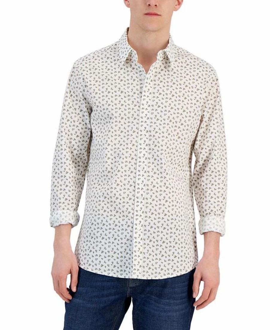 Casual Button-Down Shirts * | Michael Kors N'S Slim-Fit Stretch Small Field Print Long-Sleeve Button-Up Shirt Sage Olive