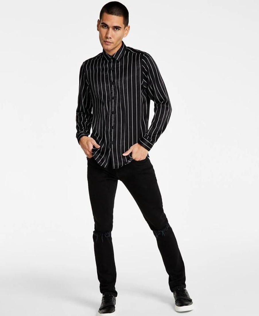 Casual Button-Down Shirts * | Inc International Concepts Men'S Classic-Fit Stripe Satin Button-Down Shirt, Created For Macy'S Deep Black