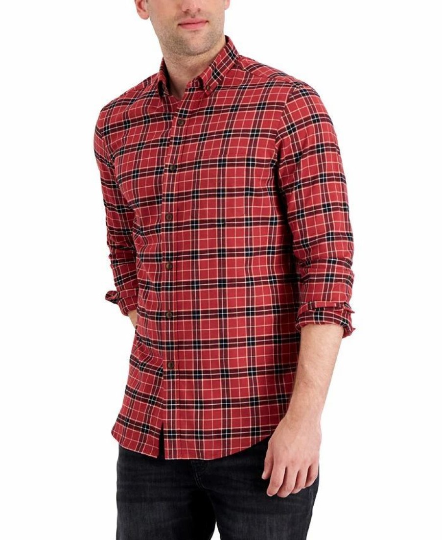 Casual Button-Down Shirts * | Club Room Men'S Regular-Fit Brushed Plaid Shirt, Created For Macy'S Karanda Red