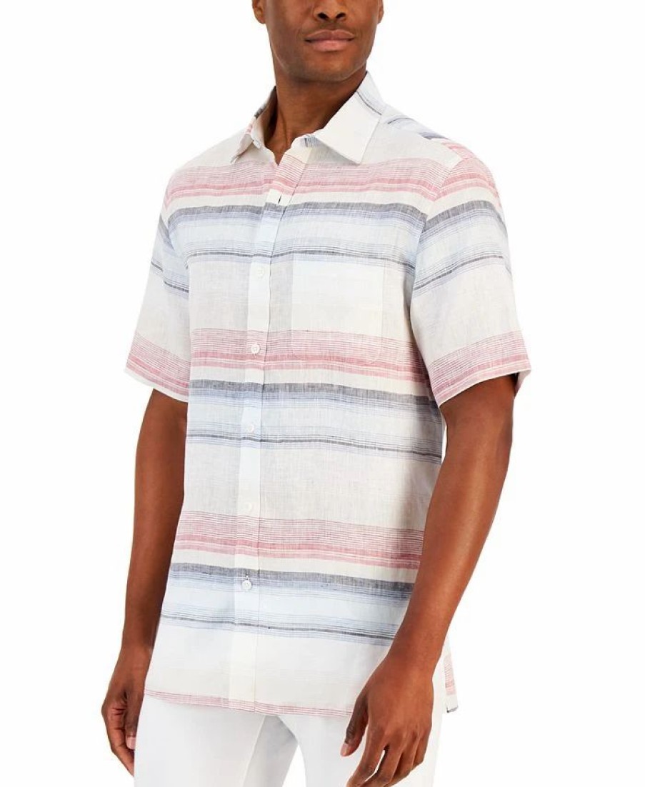 Casual Button-Down Shirts * | Club Room Men'S Darren Horizontal Striped Linen Short-Sleeve Shirt, Created For Macy'S Blue Chiffon