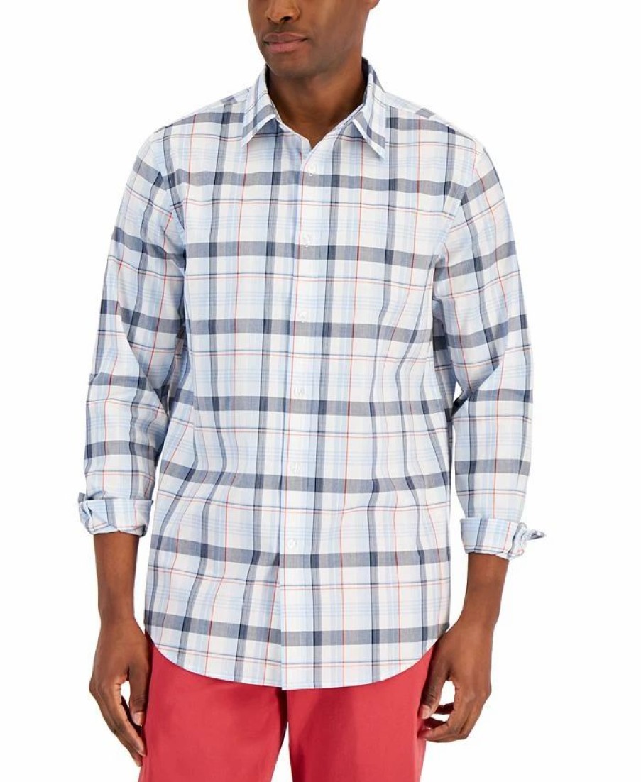 Casual Button-Down Shirts * | Club Room Men'S Regular-Fit Plaid Poplin Shirt, Created For Macy'S Bright White