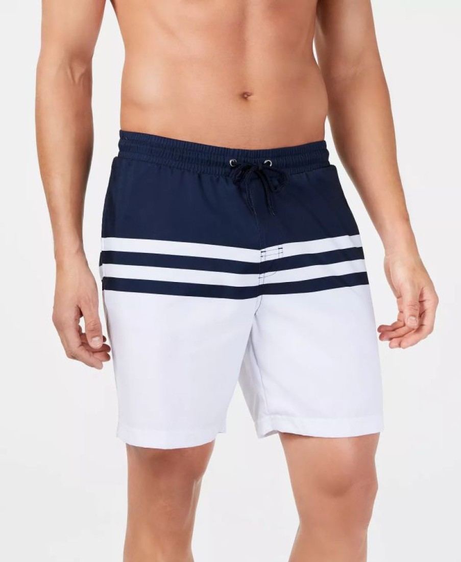 Swimwear * | Club Room Men'S Quick-Dry Performance Colorblocked Stripe 7 Swim Trunks, Created For Macy'S