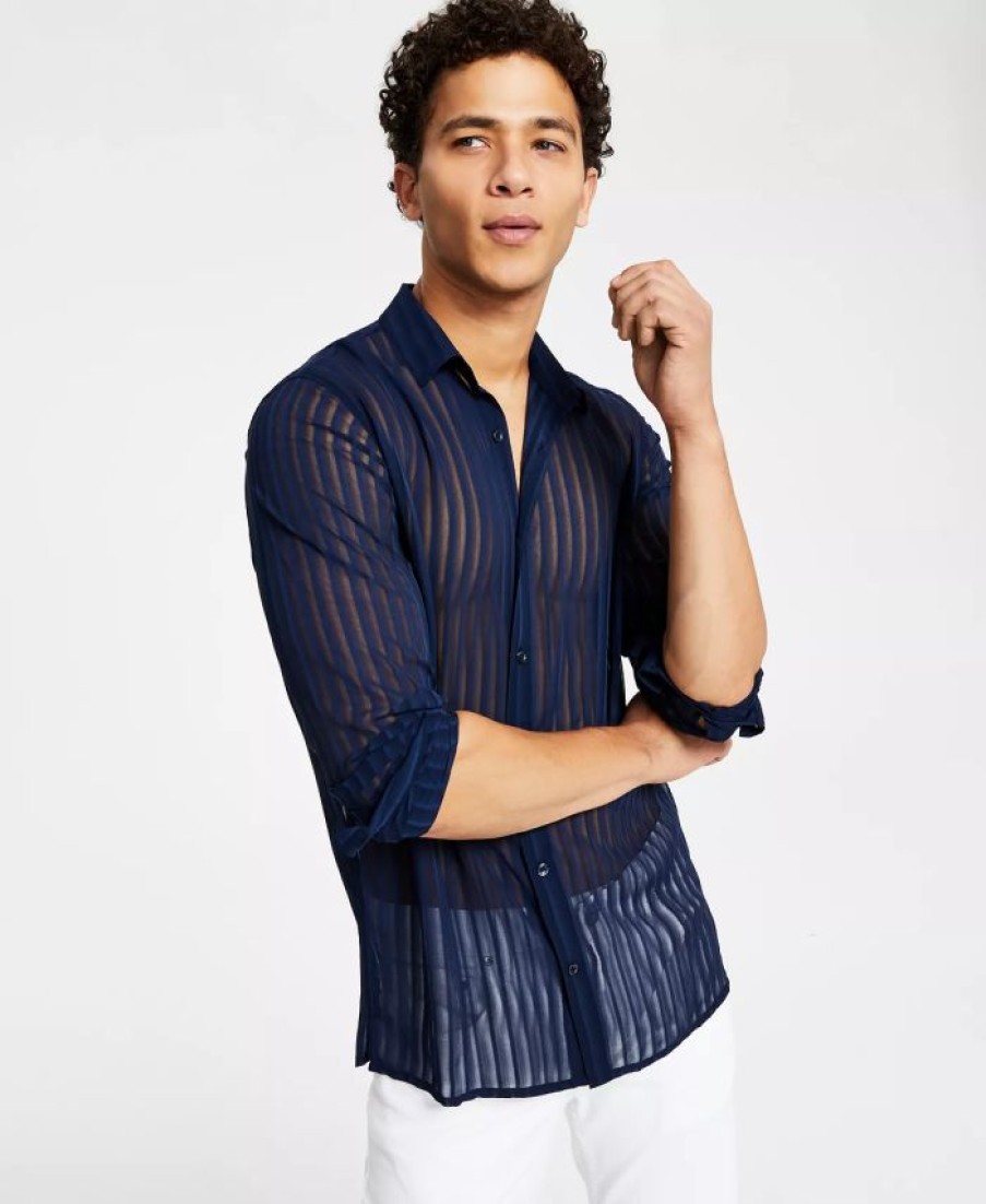 Casual Button-Down Shirts * | Inc International Concepts Men'S Long-Sleeve Sheer Vertical Striped Shirt, Created For Macy'S Basic Navy